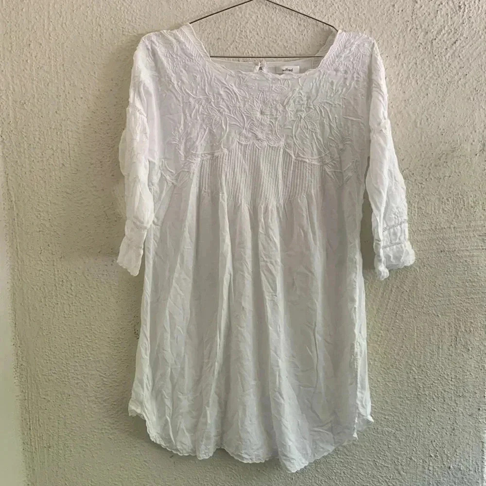 WILFRED White Modal Embroidered Square Neck 3/4 Sleeve Tunic Top Size XS